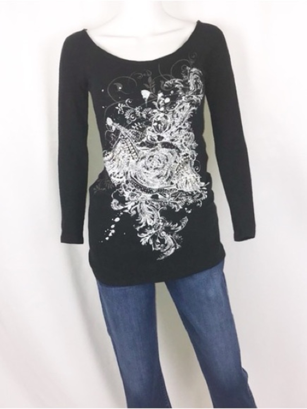 S-Twelve Black Long-Sleeve Top with White Floral Scroll Print